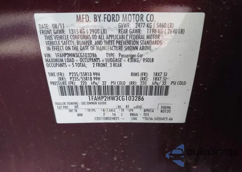 2012 Ford Taurus Sel from USA, damaged, VIN 1FAHP2HW3CG103286